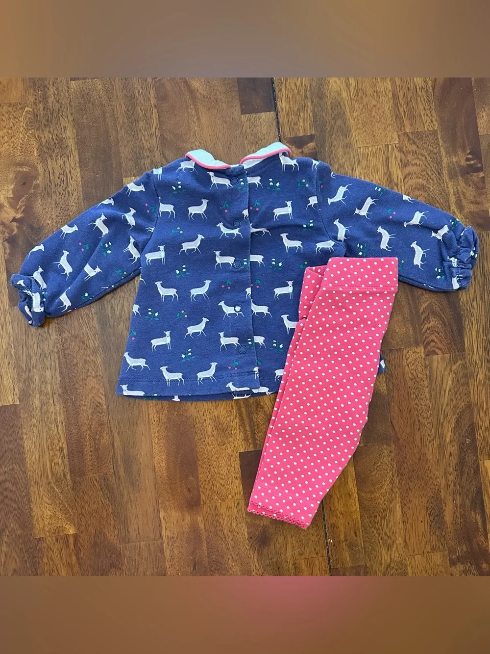Baby Boden Navy Deer Print Top with Pink Polka Dot Leggings